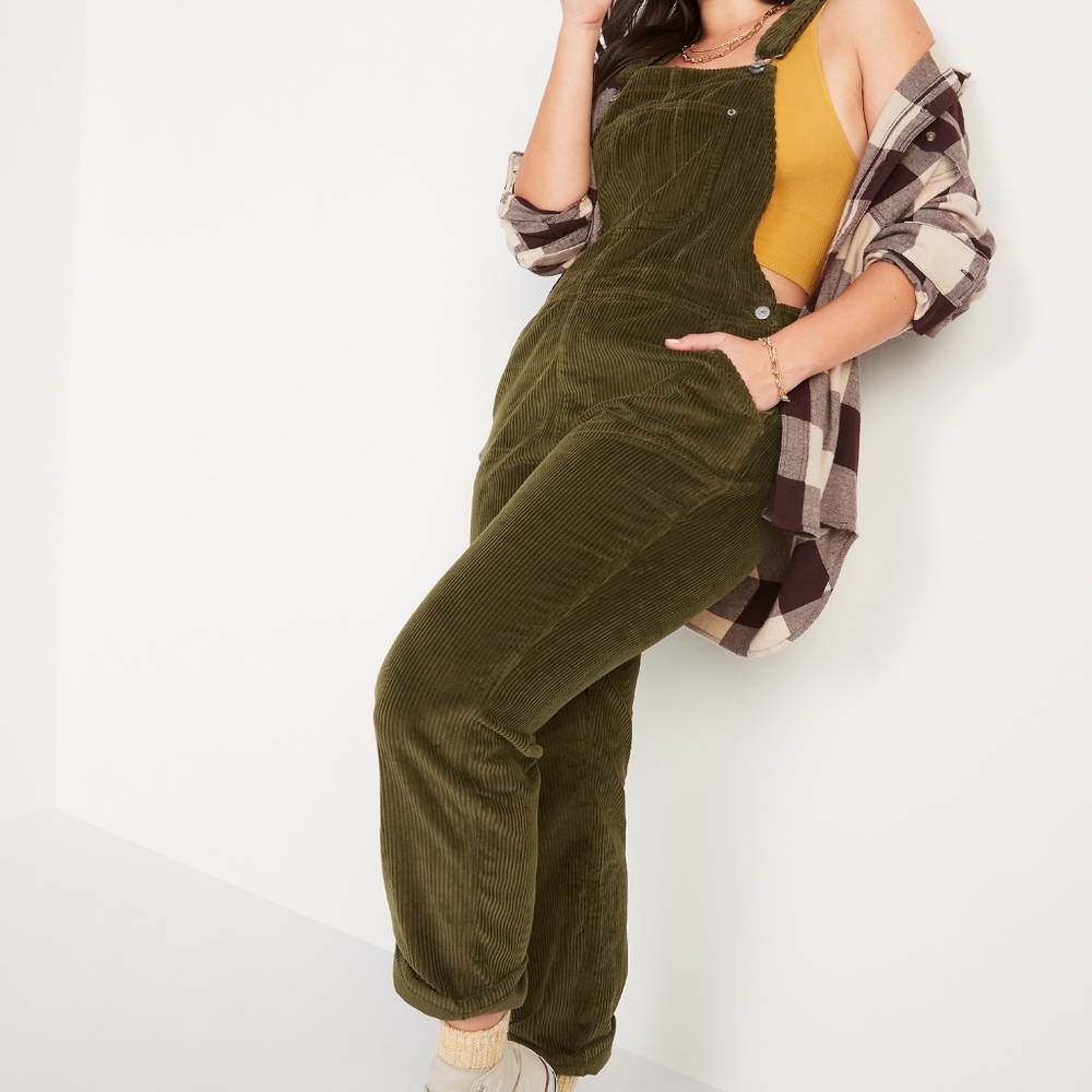 Slouchy Straight Button-Fly Corduroy Workwear Overalls for Women